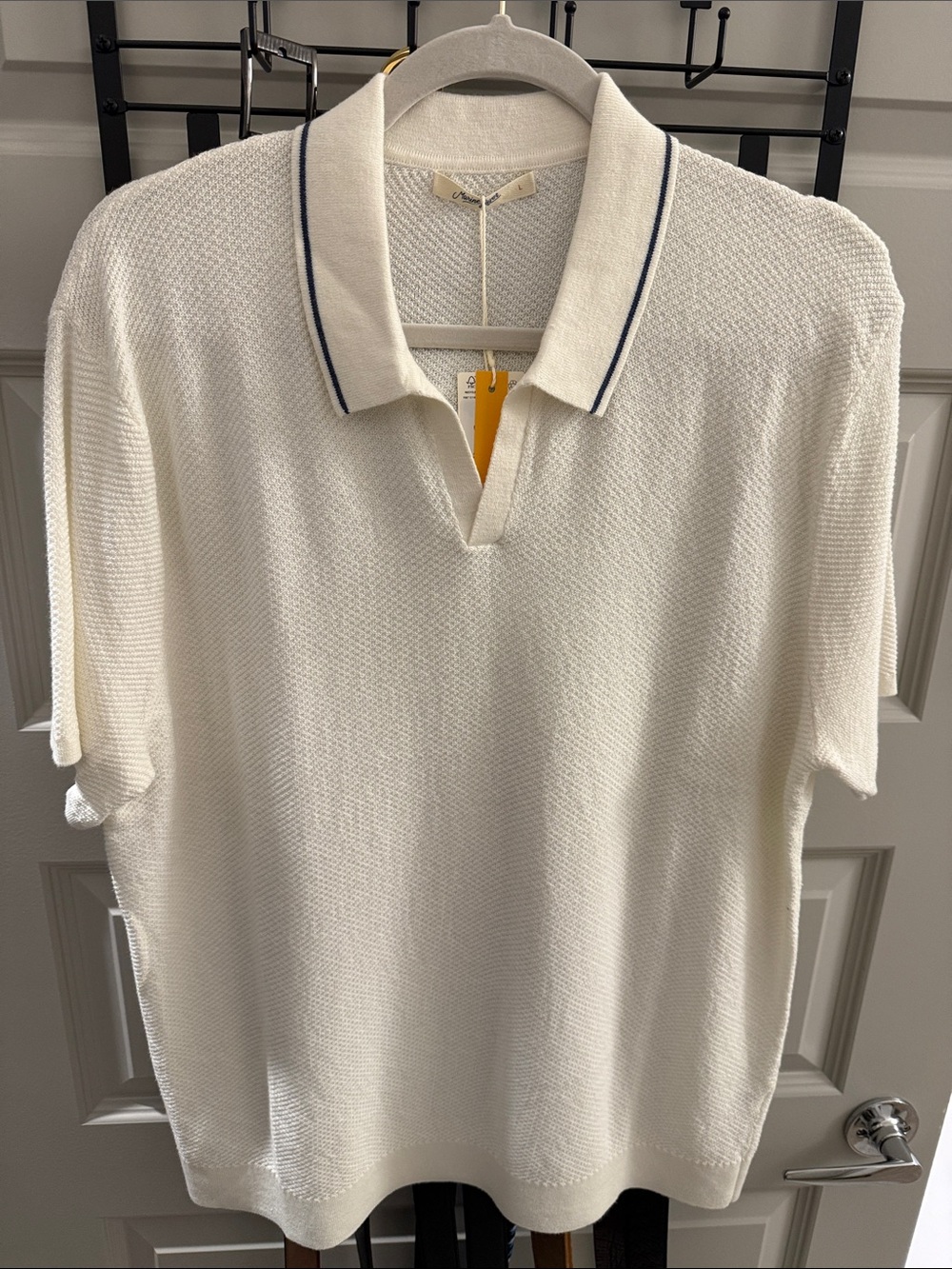 Marine Layer Cream Knit Polo with Navy Contrast Trim - Picture 1 of 5